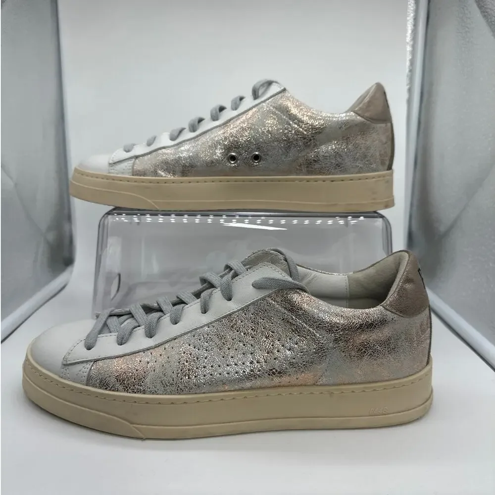 P448 John Low Top Sneakers Gold Metallic White Leather Women’s Casual Sz 40/ 9.5